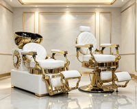 Ensemble de fauteuils de lavage de luxe blancs et dorés pour salon, fauteuil de barbier vintage avec bassin en céramique doré pour hommes, salon de beauté et barbier