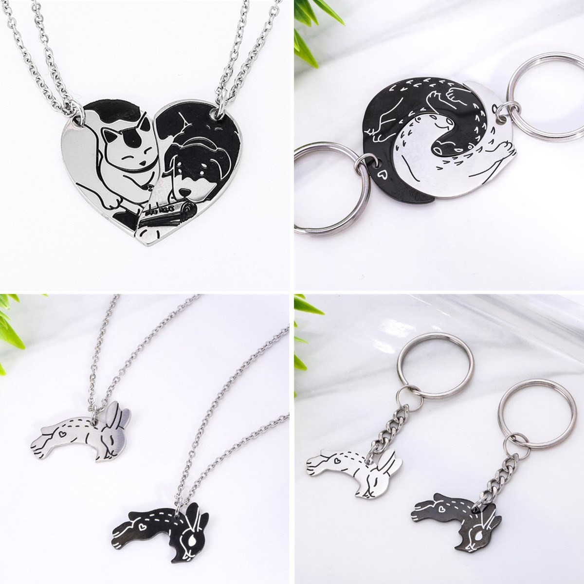 Matching Yin Yang Cat Heart Puzzle Necklaces – Stainless Steel Couple Pendants