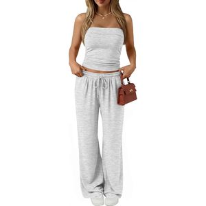 Ensemble de survêtement 2 pièces pour femme, débardeur sans manches et pantalon large, tenue décontractée d'été respirante gris clair - Product Image 1