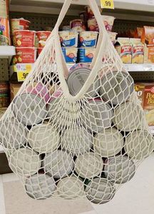 Large Cotton <b>Net</b> Tote <b>Bags</b> Striped Pattern Logo Washable Reusable Rope Handle Eco-Friendly Simple Ecology Design for Shopping - Product Image 6