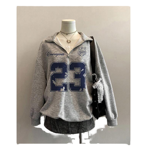 Pull en molleton tricoté doux et respirant pour femme, style universitaire personnalisé, streetwear, avec fermeture éclair quart de tour, numéro 23 brodé en 3D sur le devant - Product Image 1