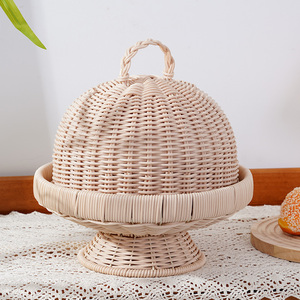 Rustic Woven <strong>Circle</strong> Footed Serving <strong>Tray</strong> with Lid PP Rattan Eco-Friendly Food Platter for Home Kitchen - Product Image 1