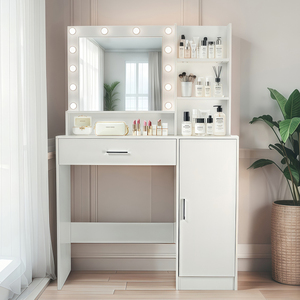Coiffeuse avec Miroir et Lumières Coiffeuse avec Étagères Ouvertes pour Chambre <span class=keywords><strong>Dressing</strong></span> - Product Image 1