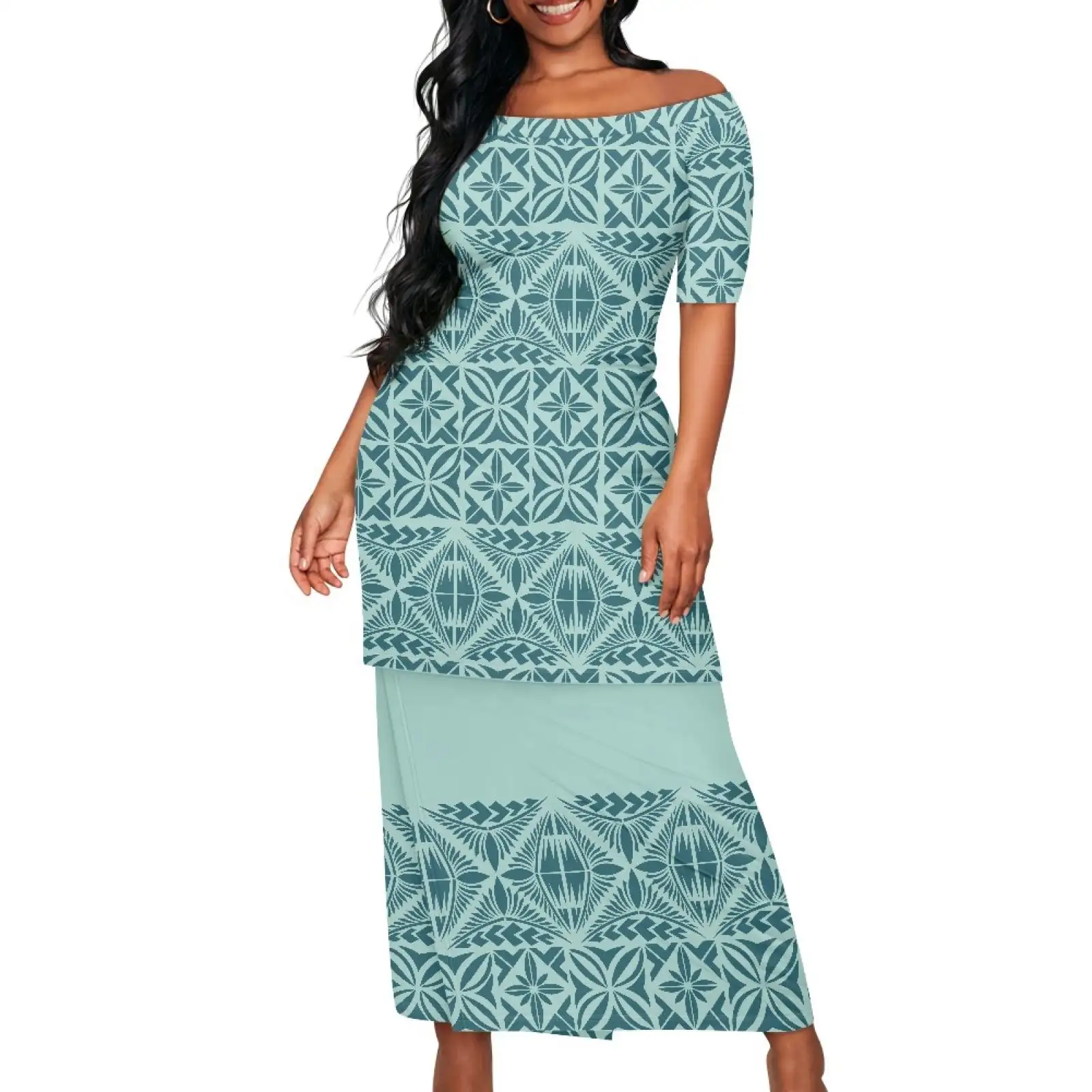 Dropshipping Casual Wear Samoa Puletasi Polynesian Tribal Fiji Print Customize Ladies Plus Size Women's Sets Church Dresses