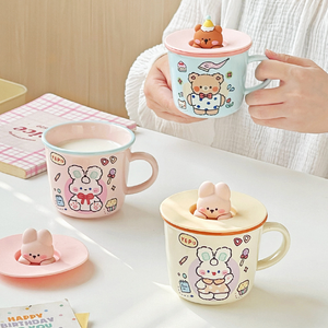 Tasse à café en céramique de dessin animé 300 ml, tasse à eau mignonne pour femme, haute beauté, maison, bureau, couple, petit-déjeuner, cadeau de fête avec couvercle - Product Image 3