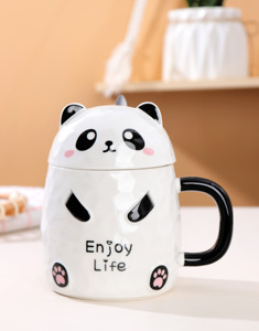 แก้วเซรามิครูปแพนด้าน่ารัก ขนาด 13 ออนซ์ สำหรับเด็ก ชุดแก้วกาแฟเซรามิคพร้อมฝาและช้อน - Product Image 5