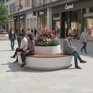 Banc de jardinage circulaire moderne en GRC sur mesure avec lattes en teck durables pour les espaces de loisirs extérieurs des parcs et des centres commerciaux - Product Image 4