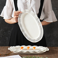 Assiette ovale en céramique à bord creux, plateau en porcelaine pour hôtel, mariage, fruits de mer, dessert, service à la maison