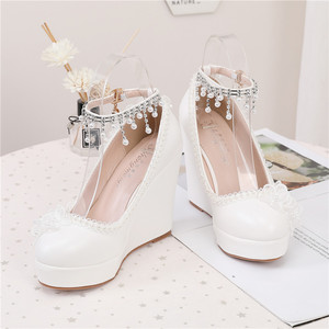 S4637F - Zapatos de Novia de Tacón de Cuña con Punta Redonda y Color Sólido, Talla Única, Blancos, de Boca Poco Profunda para Mujer - Product Image 3