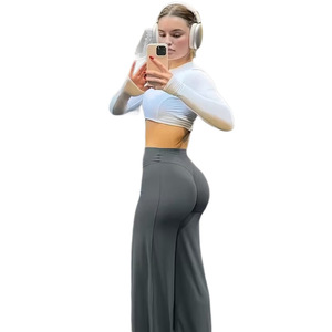 Pantalones de yoga de cintura alta con efecto levantacola, pierna ancha, costura en V, fruncido en el trasero, leggings elásticos y suaves para el entrenamiento, pantalones acampanados para el gimnasio - Product Image 6