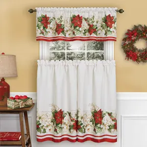 Bindi rot und weiß Poinsettia elegantes Urlaubs-Weihnachtsset 3-teilig Kaffeerständer Taschenküchenvorhang Vorhang und Schichten-Set