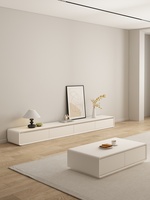 Ensemble Meuble TV et Table Basse en Bois Massif Crème, Design Minimaliste Moderne 2026 pour Salon ou Chambre à Coucher