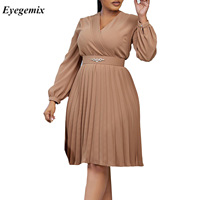 Nouvelles femmes élégante robe plissée col en v à manches longues ceinturée robe mi-longue femmes africaines mode solide a-ligne carrière robe