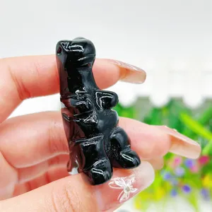 Carved Crystal Crafts Animal Natural Product 5cm Cute Baby Black Obsidian Dinosaur Decoration Statue For Children Gift