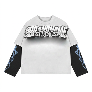 BRANDNAME STUDIOS Camiseta de manga corta oversize para hombre con ribete en contraste y estampado gráfico de llamas estilo urbano - Product Image 2