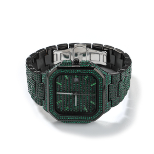 Reloj de Pulsera UWIN Hip Hip para Hombre, Cuadrado, Resistente al Agua, con Esfera de Números Romanos, Completamente Cubierto de Piedras Verdes, Relojes Negros - Product Image 5