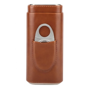 Wholesale Customized Logo Cigar Boxes Portable Pocket Cigar Travel Humidor Cabinet Luxury 3 Finger Leather Cigar Case Cutter