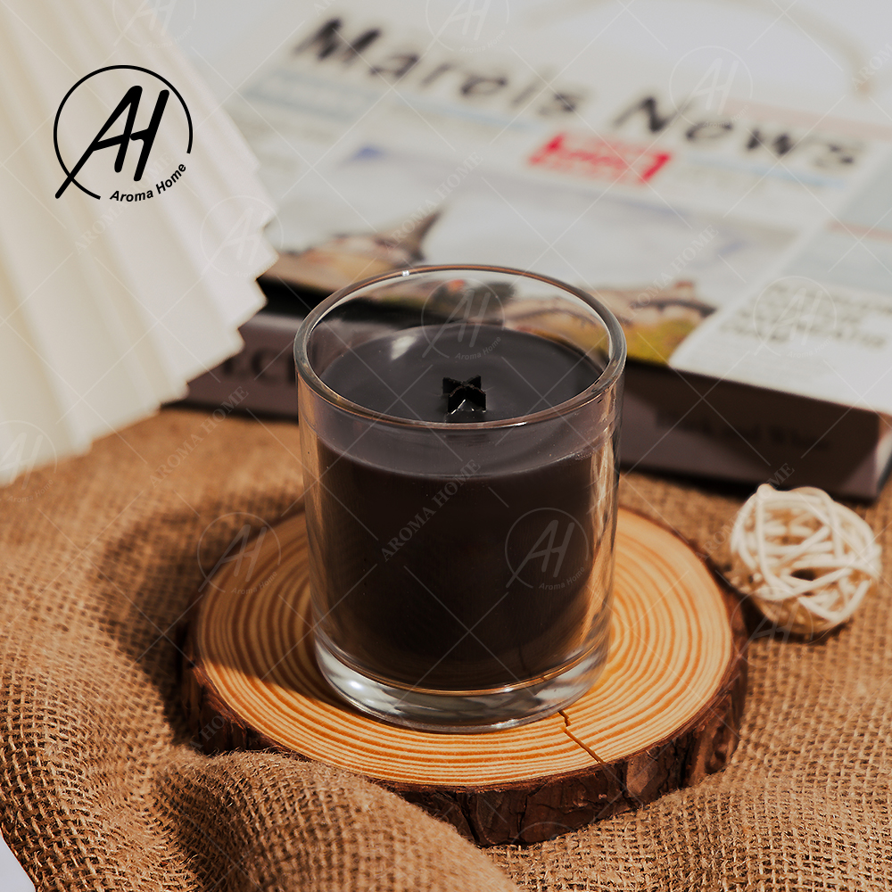 Transparent Glass Jar Brown Lid Cross Wooden Wick Soy Wax Scented Candle Black 4