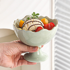 Ceramic Gold Rim Ice Bowl Macaron Simple Salad Tall Design Feeling Dessert - Product Image 2