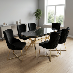 Luxury Convertible Modern <b>6</b>-Piece <b>Dining</b> Room <b>Set</b> with <b>Velvet</b> <b>Chairs</b> Metal & MDF Table Contemporary Home Furniture - Product Image 2
