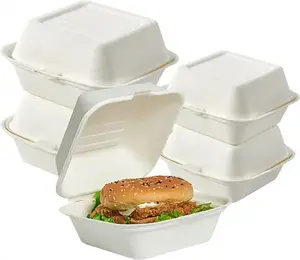 Caixa de comida rápida descartável para bagaço, lancheira de cana-de-açúcar para viagem, recipiente para hambúrguer, 8*8 9*9 polegadas