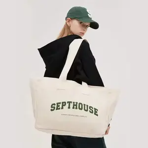 Sacolas de lona recicladas com design de tecido grosso para compras pesadas, sacola grande ecológica personalizada natural para viagens, sacola de lona grande e personalizada