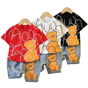 Wholesale Bear 2 piece Denim Trousers t-shirts Children Wear for Kids Summer Collections Baby Clothing Sets Boys Kids Short Sets
