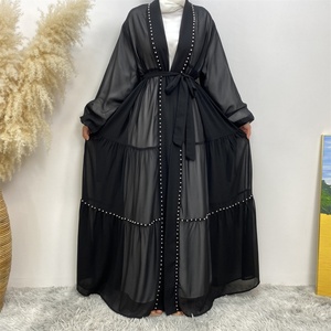 1964+6435# Latest Chiffon Abaya <b>Set</b> Lace up Cuff Gorgeously White Pearls Cardigan Match Spandex White Inner Dress Women Abaya - Product Image 2