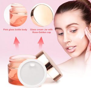 Pot cosmétique en verre rond rose fantaisie personnalisé OEM 15g 30g 50g 100g pour crème corporelle et visage avec bouchon à vis rose doré - Product Image 5