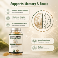 Gummies de Champignons Crinière de Lion Marque Blanche OEM Vente en Gros Végétaliennes Sans Sucre à Base de Pectine Supplément Cérébral Mémoire et Concentration