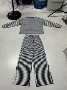 Conjunto de Dos Piezas a Rayas para Mujer, Top Holgado de Manga Larga con Hombros Caídos, Pantalones Anchos con Cordón, Transpirable y Cómodo para Otoño - Product Image 3