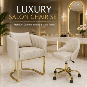 Ensemble de fauteuils de salon capitonnés de luxe en velours crème, fauteuil seau avec base en traîneau doré, fauteuil pivotant assorti avec base à cinq étoiles sur roulettes - Product Image 1