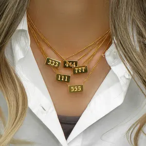 Collares de cadena cubana con colgante cuadrado de número angelical de <span class=keywords><strong>111</strong></span> a 999, chapados en oro de 18 quilates, de acero inoxidable, con perlas, joyería que no se deslustra - Product Image 1