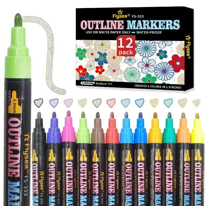 Outline Markers, Double Line Glitter Shimmer Markers Set of 21 Colors Self-outline Markers Pens for Card Making, Lettering, DIY Art Drawing