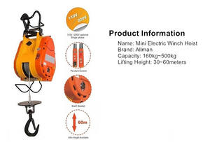 Winch Listrik Mini Portabel Allman Industry 500KG Baru 220 Volt, Alat Pengangkat Material dengan Tali Kawat untuk Restoran - Product Image 5
