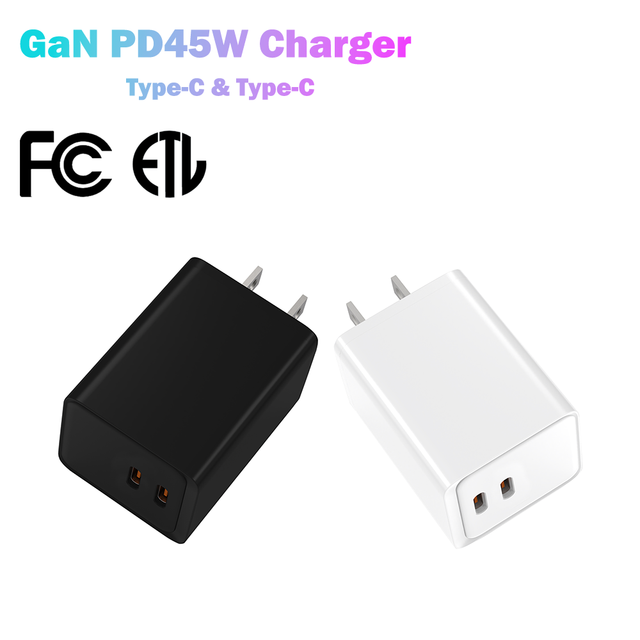 45W PD 3.0 GaN Fireproof Fast Charger Dual Type-C Ports OTP US Plug ETL/FCC Certified Eco-Friendly for Laptops Smart Watch