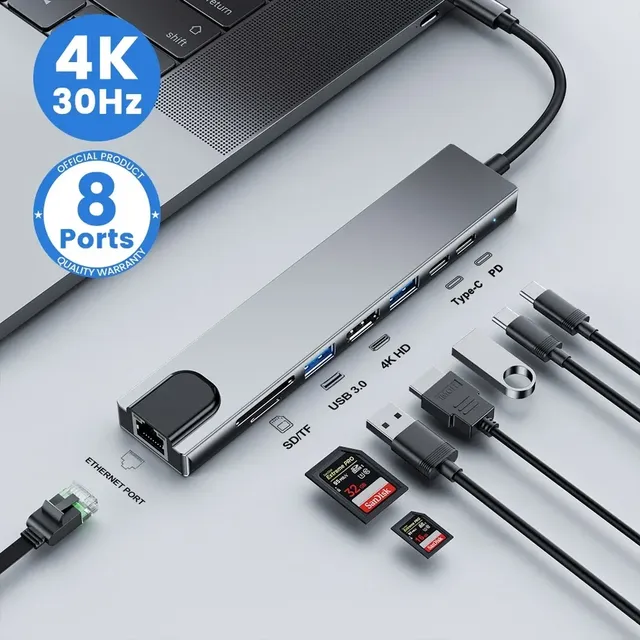 USB C Hub 8In1 Type C 3.1 to 4K Adapter with RJ45 SD/TF Card Reader PD Fast Charge for MacBook Notebook Laptop