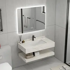 Lavabo in marmo a parete per bagno in stile europeo di lusso mobiletto da bagno lavelli per lastre di roccia con armadi a specchio a LED intelligenti