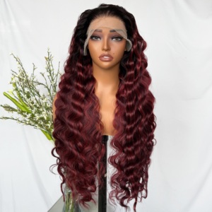 Pelucas sintéticas Kemy Hair Burg Highlight con frontal de encaje, ondas profundas, rizos largos tipo huevo, ondas sueltas, fibra sintética resistente al calor para mujer - Product Image 5