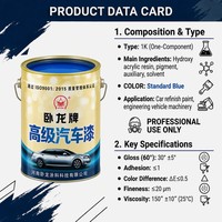 Peinture automobile Wolong 1K28 bleue acrylique, monocomposant, finition brillante durable, couche de finition pour voitures particulières, temps de séchage de 0,5h