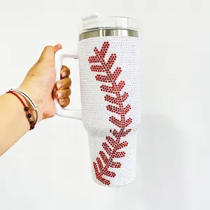 Copo de aço inoxidável para garrafa térmica com estampa de beisebol, copo branco amarelo com estampa de beisebol brilhante