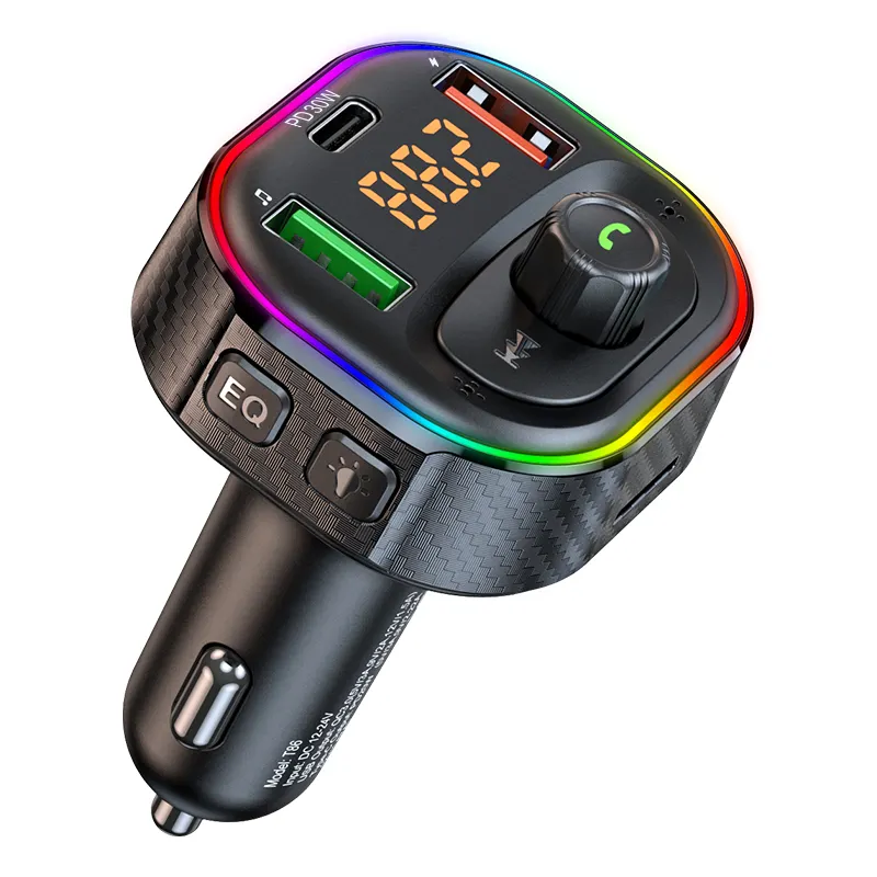Nuevo cargador de coche PD20W + QC3.0 carga rápida luz ambiental colorida coche Bluetooth MP3 reproductor Bluetooth