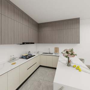 SANTOPOVA European Modern Minimalist Kitchen <b>Cabinet</b> Set Handleless <b>Doors</b> Quartz Stone Backsplash Granite Particle Board - Product Image 2