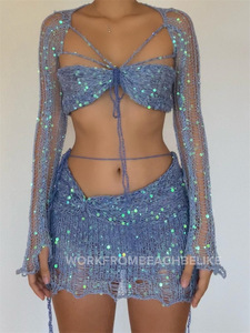 Yaz Y2K tığ kadın 3-Piece kıyafet seti katı desen uzun kollu kırpma üst seksi Mini etek Halter gece elbisesi - Product Image 6