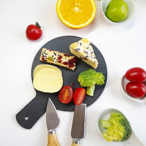 Usine En Gros Écologique Deli Fournitures Viande <span class=keywords><strong>Fromage</strong></span> Plateaux Noir Circulaire <span class=keywords><strong>Ardoise</strong></span> Poignées Durable Non Toxique Cuisine Partie - Product Image 1