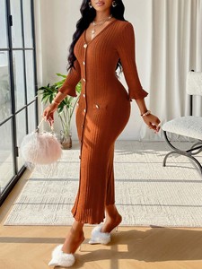 Abito da donna Sexy con scollo a V a maniche svasate abbottonatura <span class=keywords><strong>in</strong></span> <span class=keywords><strong>maglia</strong></span> abito sottile elegante maglione lungo taglia libera - Product Image 4