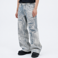 DiZNEW Jeans Baggy Homme Streetwear Personnalisé Imprimé Trompe Blueprint Délavé Clair Graphique Intégral Coupe Large en Denim