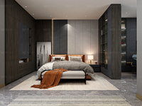 Lemari Pakaian Walk-in Kombinasi Kayu Solid Custom untuk Kamar Tidur Utama dengan Rak dan Laci yang Dapat Disesuaikan