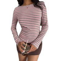 Camisetas de Manga Larga a Rayas para Mujer, 95% Algodón, 5% Elastano, Ajustadas, Elásticas, Casuales, Elegantes, Básicas, Ropa de Verano y Otoño 2026