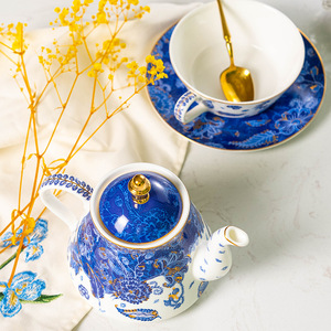 Bone <b>China</b> Tea Set - Navy Blue Gold Emblem Nesting Teapot with <b>Cup</b> <b>and</b> <b>Saucer</b> - Product Image 4